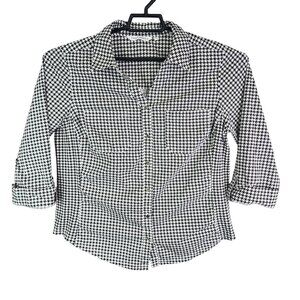 Womens Emily Daniels Black White Houndstooth Shirt Button Down V Neck Size L